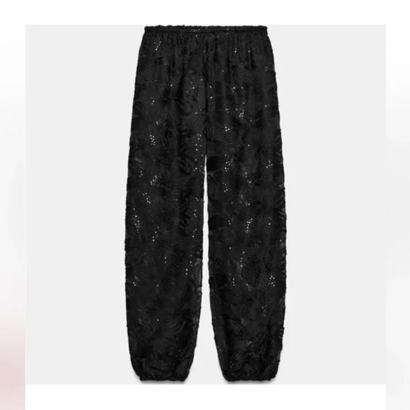 New ZARA Black Sheer Wide-Leg Lace Ballon Pants - Picture 5 of 5